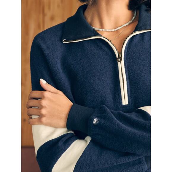 Faherty Beach Fleece Quarter Zip Sweatshirt Striped Jacket Navy Blue White - Picture 3 of 16